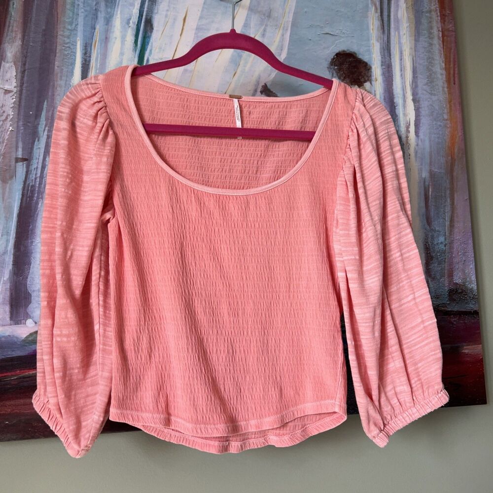 Free People Day Lily Puff Sleeve Blouse Top Women's Size S Coral Pink Boho